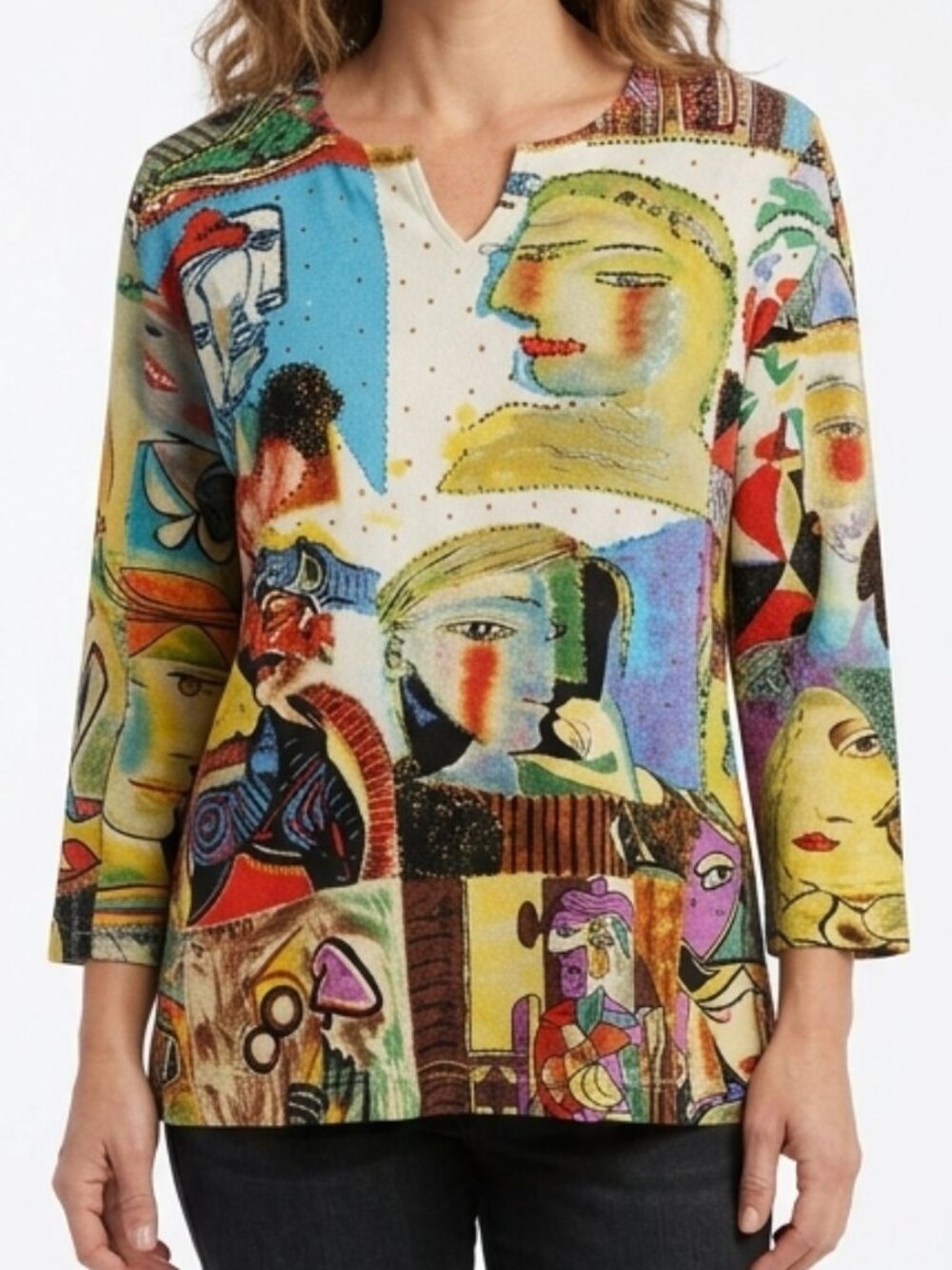 Kaktus Vintage Abstract Print Beaded Accent Top Women's Size L